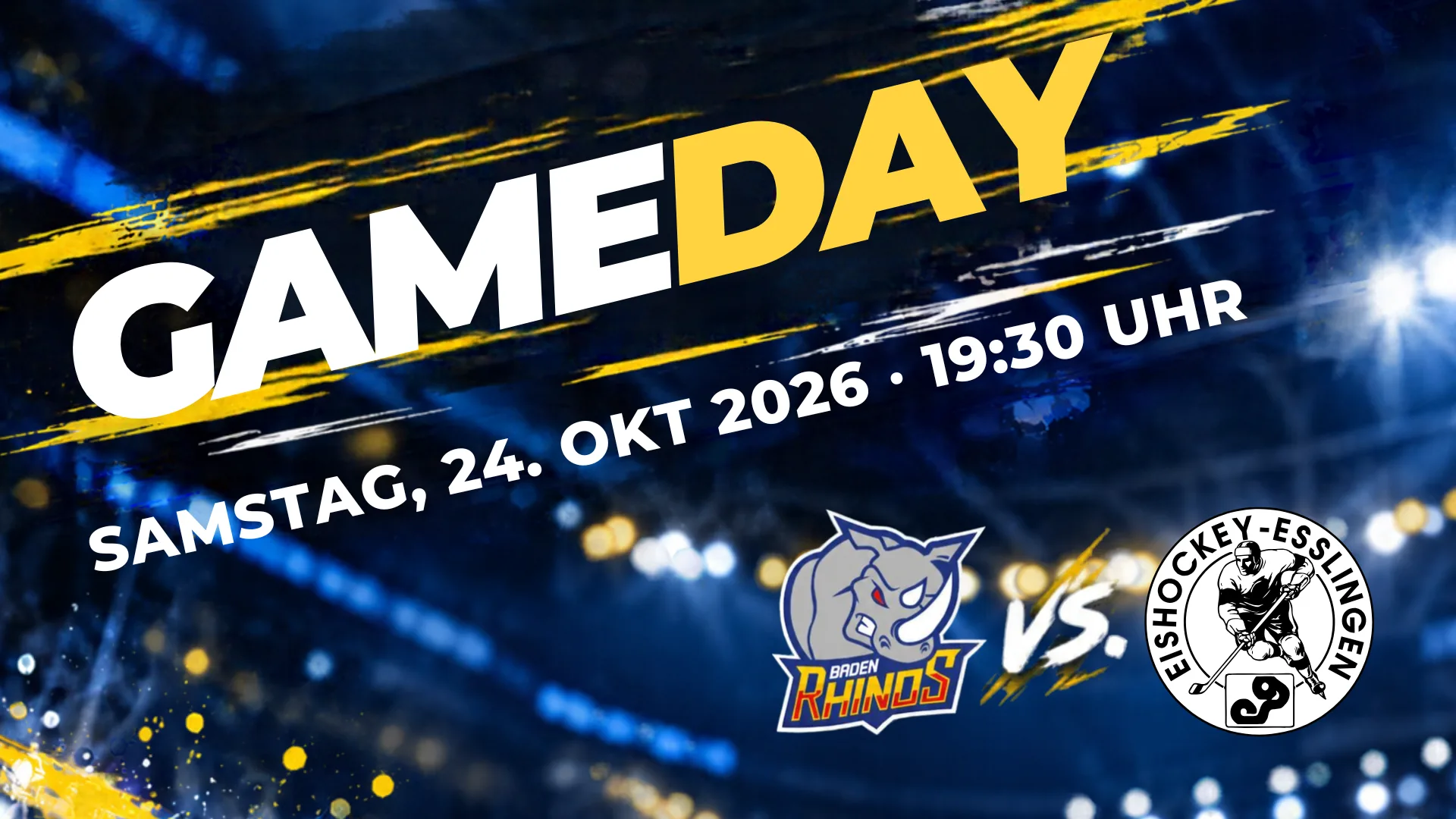 Gameday-Grafik: Baden Rhinos gegen ESG Esslingen, Samstag, 24. Oktober 2026, 19:30 Uhr